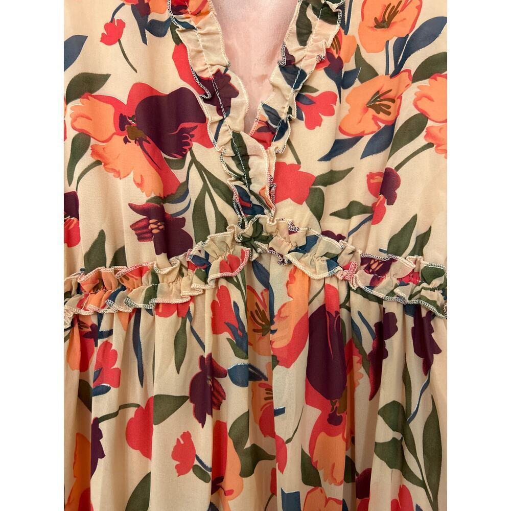 Peachy Pink Floral Empire Waist Ruffle Tiered Maxi Dress Boho Cottagecore Small - Picture 15 of 16
